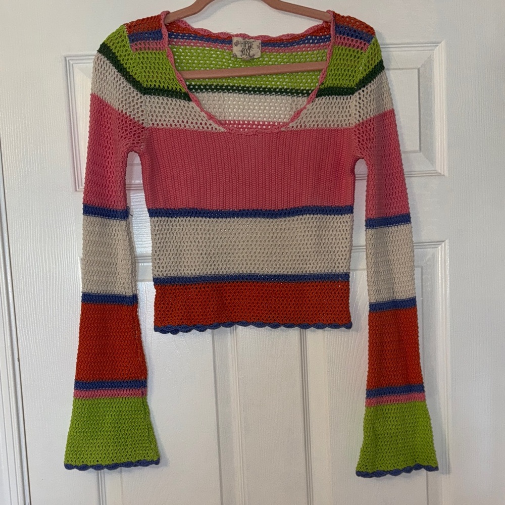 Rainbow Striped Crochet Cropped Sweater with Bell Sleeves